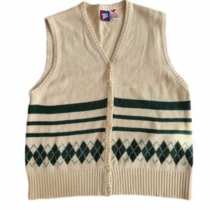 VTG 80’s Tail Sweater Vest Knit Argyle Cream/Green Sz L Cottage Grandpa Core